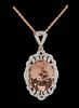 14K Rose Gold Pendant, the oval drop with a 17.61 ct. morganite, with a pierced diamond mounted border, with a diamond mounted bail, on a 14K rose gol