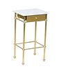 French Brass Art Deco Marble Top Nightstand, 20th c., the rectangular figured rounded center white marble over a frieze drawer, on cylindrical legs jo