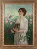 FREDERICK STUART CHURCH (AMERICAN, 1842-1924), OIL ON CANVAS, 1912, H 38.5", W 26.75", PORTRAIT OF A WOMAN WITH A DOG 