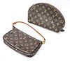 LOUIS VUITTON (FRENCH, ESTABLISHED 1854) LEATHER MONOGRAM COSMETIC POUCH AND MONOGRAM POCHETTE GROUP OF TWO H 6.5-11" (INCLUDING HANDLE) W 8.5-11" D 1