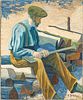 E. TED WILLINGER (AMERICAN), OIL ON CANVAS, H 24", W 20", MAN WITH AXE SEATED ON WOOD PILE 
