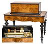 SWISS BURL WALNUT AND EBONY MUSIC BOX WITH STAND, H 40" OVERALL, L 44" OVERALL, D 27.5" OVERALL, "A TIMBRES, TAMBOUR, CASTAGNETTES GRAND FORMAT" 