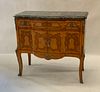 LOUIS XVI STYLE FRUITWOOD PARQUETRY & BRONZE COMMODE, H 32", W 33"