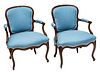 LOUIS XV STYLE CARVED WALNUT, UPHOLSTERED ARM CHAIRS, PAIR, H 35", W 26"