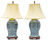 CHINESE BLUE & WHITE PORCELAIN LAMPS, PAIR, H 31.5", DIA 8.5"