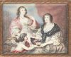 FRENCH WATERCOLOR C 1800 H 2 3/4" W 3 1/4" ANGEL AND ELEGANT WOMEN 