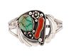 NAVAJO STERLING, CORAL AND TURQUOISE CUFF BRACELET, VINTAGE CIRCA 1950 W 2 1/2" 