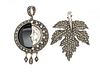 + STERLING SILVER AND MARCASITE PENDANTS, TWO H 2", 1 3/4" LEAF AND HALF MOON 