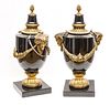 MARBLE MANTLE URNS WITH COVERS, BRONZE MOUNTS, PAIR H 20" W 12" 