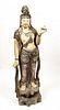 CHINESE POLYCHROME CARVED WOOD SCULPTURE, H 52", W 15", STANDING GUANYIN 