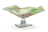 HAND BLOWN STUDIO GLASSS COMPOTE, 2006, DIA 23" GREEN AND PINK SWIRL 