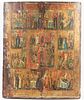 RUSSIAN POLYCHROME AND GILT WOOD PANEL ICON, H 20.5", W 16.75" 
