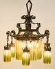 TIFFANY FAVRILE GLASS, ARTS AND CRAFTS PERIOD 6 ARM BRONZE CHANDELIER H 39"" DIA 29" 