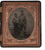 Civil War Sixth Plate Ambrotype of White Civil War Soldier with African American, Child Servant 