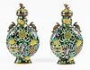 CHINESE CLOISONEE ENAMEL ON BRASS COVERED URNS 19TH.C PAIR H 12" W 6.5" 