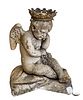 CARVED STONE SEATED ANGEL WITH CROWN GARDEN SCULPTURE H 29", W 20" 