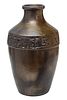 MARY CHASE PERRY, MONUMENTAL PEWABIC POTTERY CAST BROWN VASE WITH RELIEF, 1913,  H 23.5", DIA 13"