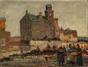 AUGUST LENZ, BORN AT VIENNA 1885, OIL ON CANVAS, H 9", W 12", DUTCH MARKET AND DOCK SCENE 