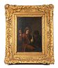 OLD MASTERS STYLE, OIL ON BEVELED WOOD PANEL, 19TH.C H 10", W 8", RATHSKELLER SCENE 