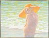 HENRY BENSON (AMERICAN), MIXED MEDIA ON CANVAS, H 27.5", W 36", WOMAN IN ORANGE HAT, SEATED NUDE ON THE BEACH 