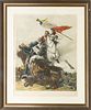 HENRY THOMAS RYALL (BRITISH, 1811-67) HAND COLORED ENGRAVING ON PAPER, 19TH C., H 29.75", W 23.5", 'THE FIGHT FOR THE STANDARD' 