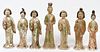 CHINESE TERRACOTTA POLYCHROME MAIDENS 7 PIECES, H 12"-15" 