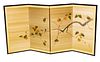 JAPANESE PAINTED FOUR PANEL SCREEN ON GOLD COLOR SILK H 31" W 66" 
