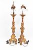 ITALIAN WOOD AND GESSO CANDLESTICK LAMPS, PAIR H 26" - 37" W 7" 