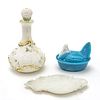 OPALINE GLASS BRANDY-BOTTLE 6"DIA; SLAG CHICKEN NEST WITH EGGS 5"L.,TRAY 9" L.  SIGNED TRAY 9" 1850- (3) 