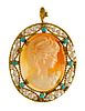 + CAMEO,18 KT BROOCH, TURQUOISE & SEED PEARLS H 1 1/2" 