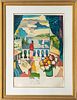 F. GIEST, LITHOGRAPH C. 1970 H 48" W 37" LADY ON BALCONY 