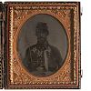 Sixth Plate Tintype of a Vermont Soldier or Fireman with American Flag, Bowie Knife, & Warner Pocket Percussion Revolver 