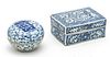 CHINES BLUE AND WHITE PORCELAIN COVERED BOXES,  C. 1900,  TWO 