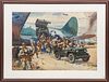 JAMES MILTON SESSIONS (AMERICAN 1882-1962) WATERCOLOR ON PAPER, H 24" W 33" WWII AIRFIELD UNLOADING /JEEP 