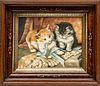 OIL ON CANVAS H 8" W 10" TWO KITTENS & BLUE RIBBON 