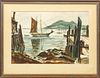 M. THORNEDYKE, WATERCOLOR ON PAPER, WHARF SCENE WITH SAILBOAT, H 14.5" W 21.5" 