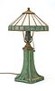 PEWABIC POTTERY MATTE GREEN GLAZE TABLE LAMP AND ART GLASS SHADE, C. 1904-1907, H 7.5", DIA 7" (BASE) 