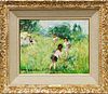 JULES R. HERVE (FRENCH 1887 - 81) OIL ON CANVAS, H 12" W 16" CHILDREN IN MEADOW 