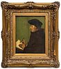 AFTER HANS HOLBEIN OLD MASTER OIL PAINTING ON BOARD, H 12", W 9", PORTRAIT OF ERASMUS 