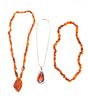 PAOLO ROMEO (ITALIAN) STERLING SILVER AND AMBER PENDANT AND TWO AMBER NECKLACES, THREE PIECES