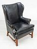 BLACK LEATHER WING BACK ARM CHAIR, HENREDON H 42" D 31" 