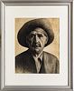 UNSIGNED CHARCOAL ON LAID PAPER, H 19", W 15", PORTRAIT OF COWBOY 
