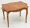 LOUIS XV STYLE FRUITWOOD MARQUETRY COCKTAIL TABLE, BRONZE ORMOLU H 20", W 30" 