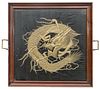 CHINESE DRAGON 19TH.C.EMBROIDERY, FRAMED AS TRAY H 22" W 22" 