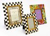 MACKENZIE-CHILDS (CO.) (AMERICAN, 1983) TWO COURTLY CHECK AND ONE GREEN FLOWER MARKET PICTURE FRAMES, WITH STANDS, (6 PCS) H 10.25-15" W 8-13" 