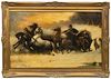 HUGH BOLTON JONES (AMERICAN 1848-1927) OIL ON CANVAS MOUNTED TO BOARD, LATE 19TH/EARLY 20TH C., H 22", W 35.5", TROIKA PURSUED BY WOLVES 