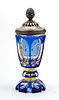 BOHEMIAN BLUE CRYSTAL OVERLAY VASE, SILVER COVER, C 1850, H 8" 