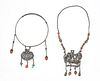 CHINESE UNMARKED SILVER, CARNELIAN & TURQUOISE NECKLACES, 2 PCS, L 14"-22", T.W. 7.51 TOZ 