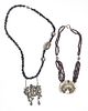 CHINESE UNMARKED SILVER, ONYX & GLASS NECKLACES, 2 PCS, L 12"-28", T.W. 6.88 TOZ 