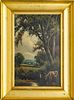 OIL ON ARTIST BOARD  H 16" W 10.5" CATTLE DRINKING FROM FOREST  STREAM  